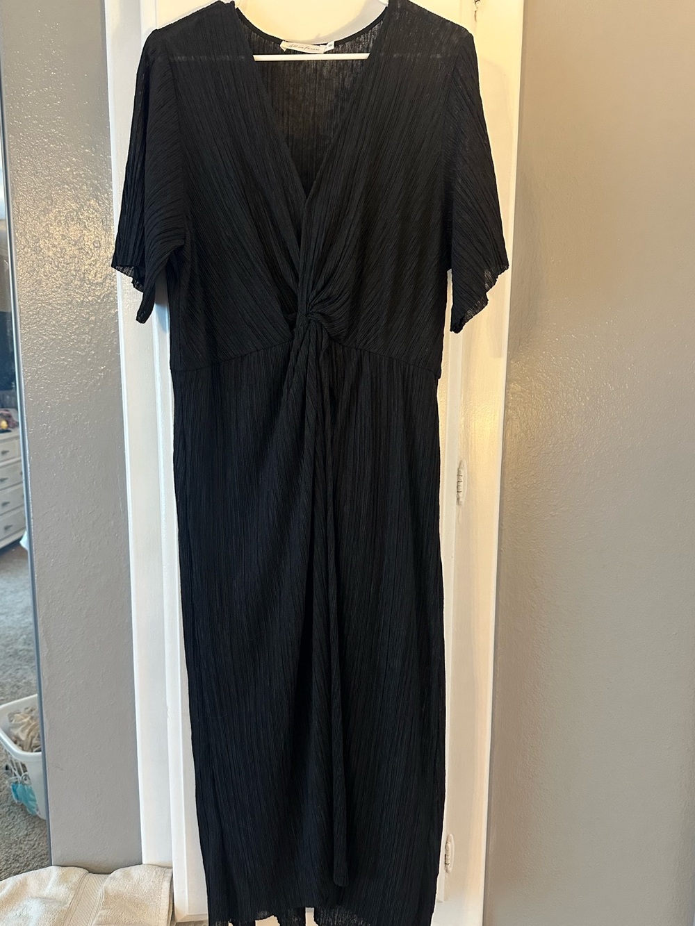 All in Favor Dolman Plisse Black Twist-Knot Midi Dress